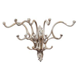 Wall Mount Cast Iron Coat Hat Multi-Arm Hanger Distressed Off-White